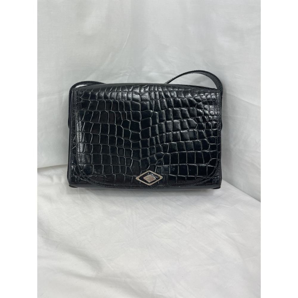 Vintage Crocodile Leather‎ Handbag with ,Gold Hardware,Leather Inside, Black
